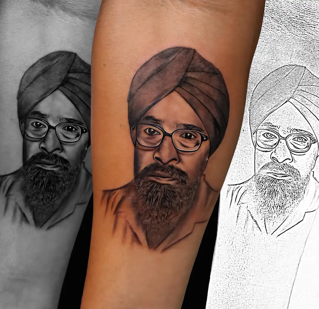 Black-and-grey portrait tattoo of an elder inked in Raipur, shown with the original sketch reference