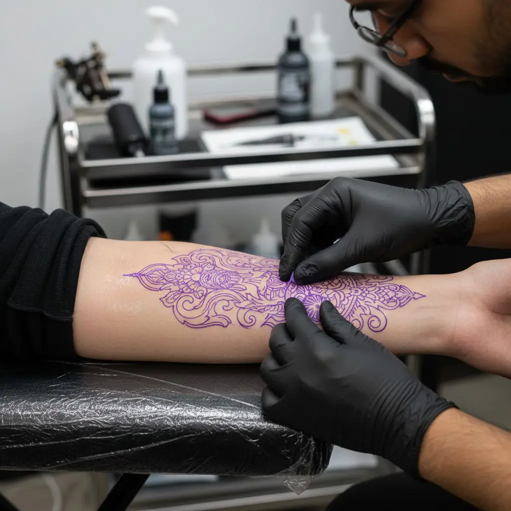 Tattoo artist sketching a custom design during a client consultation