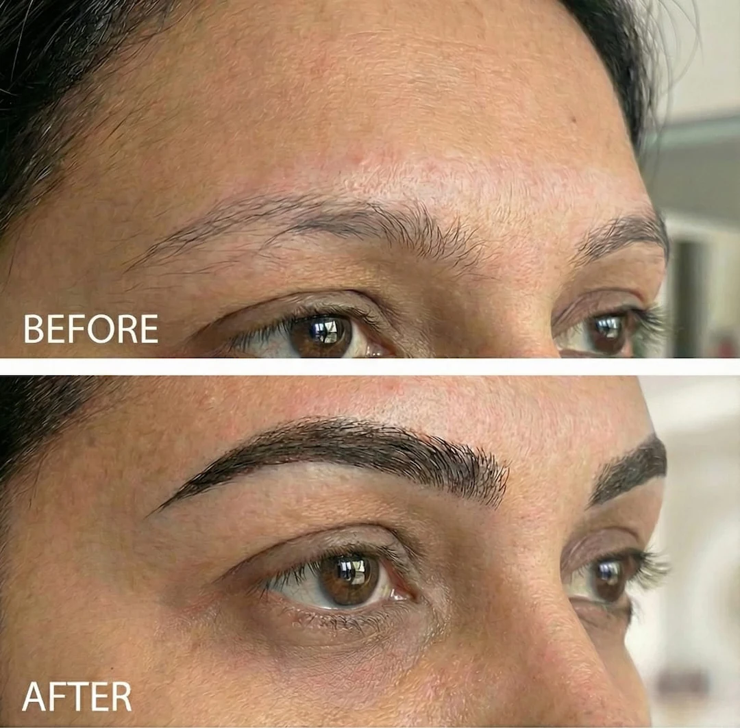 Permanent eyebrow microblading before and after in Raipur, sparse brows filled to a defined shape